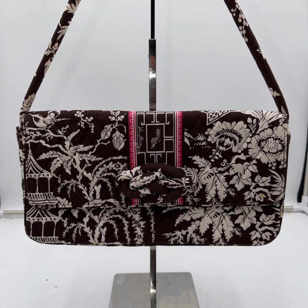 Vera Bradley Night Owl Quilted Cotton Shoulder Bag Brown Cream Floral Baguette